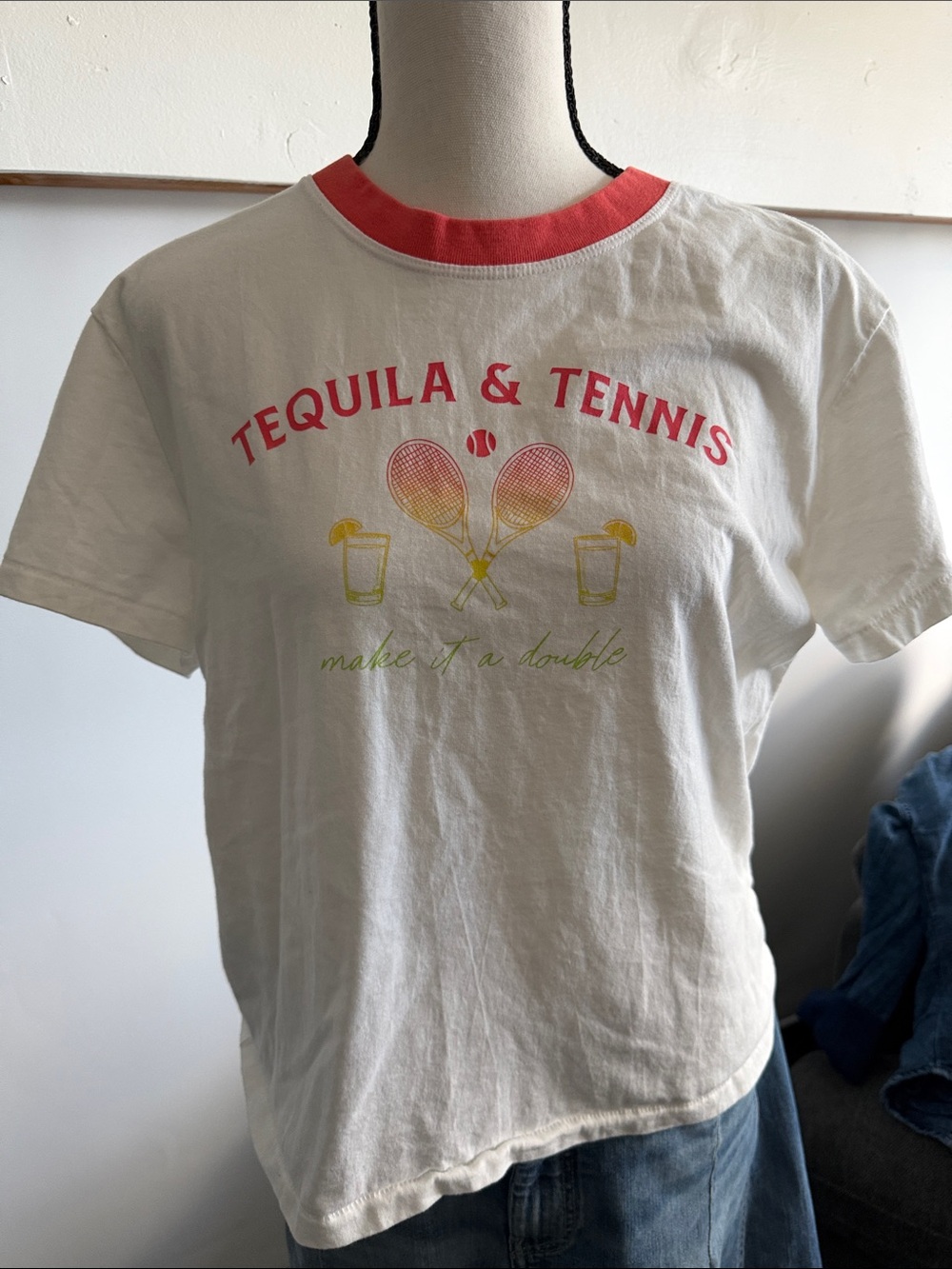 'Tequila & Tennis' Short Sleeve Tee - White with Coral Trim